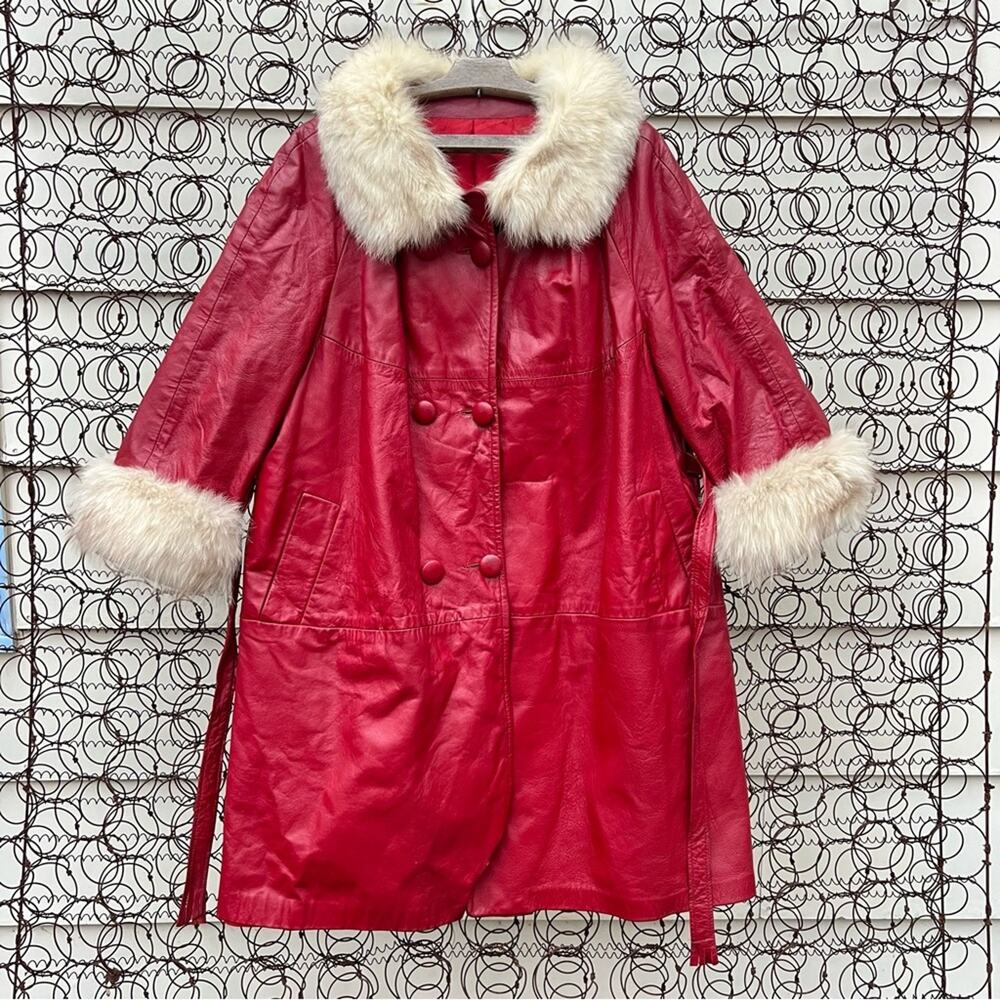 Vint 60s 70s Red Leather & Silver Fox Fur Collar Mrs Claus Christmas Trench Coat